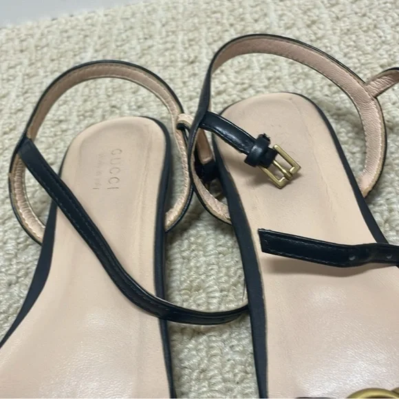 Gucci Marmont Sandals Flat Black Leather Interlocking GG Size 41 - Picture 4 of 15